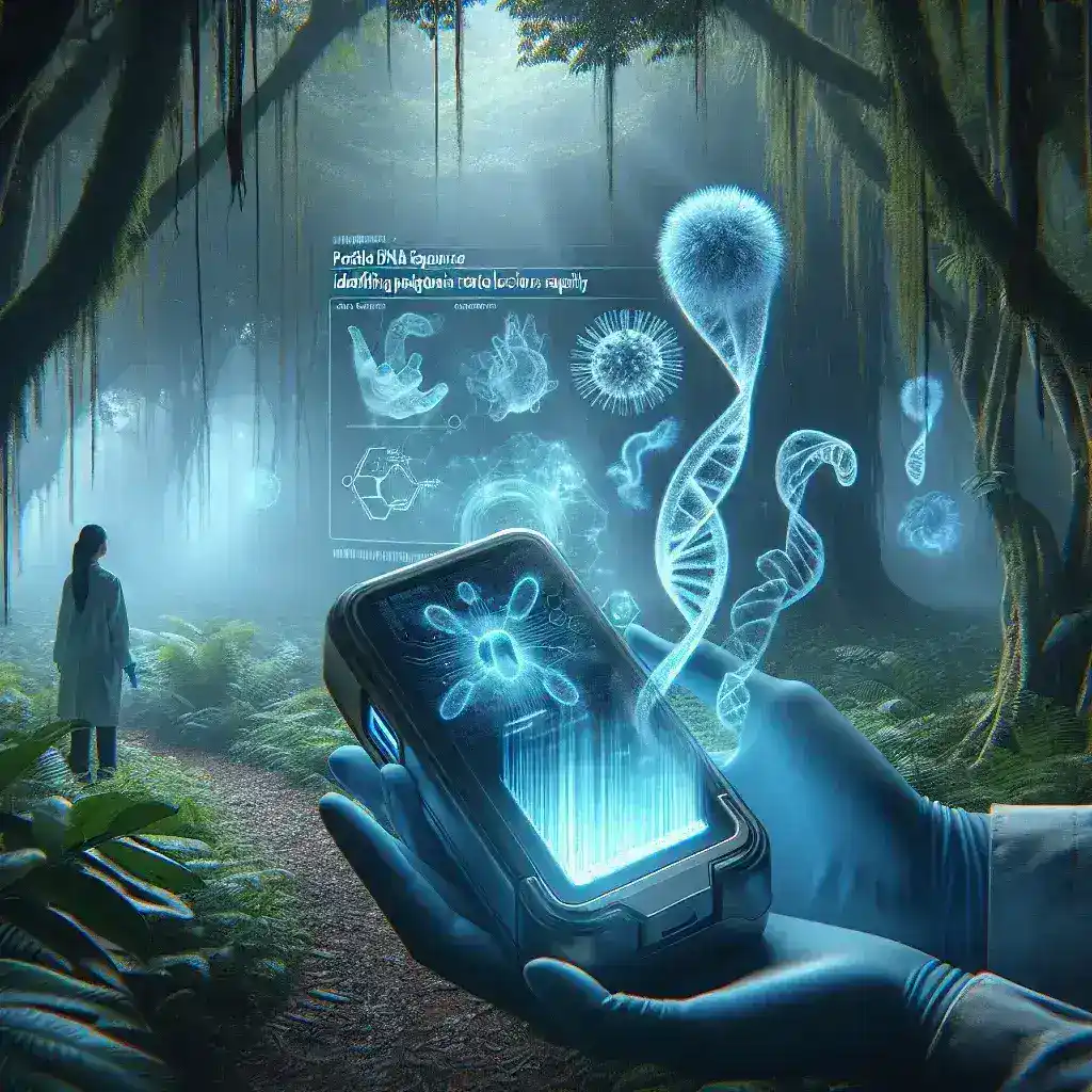 "Portable DNA sequencer in use in a remote location, showcasing rapid pathogen identification technology for field applications."