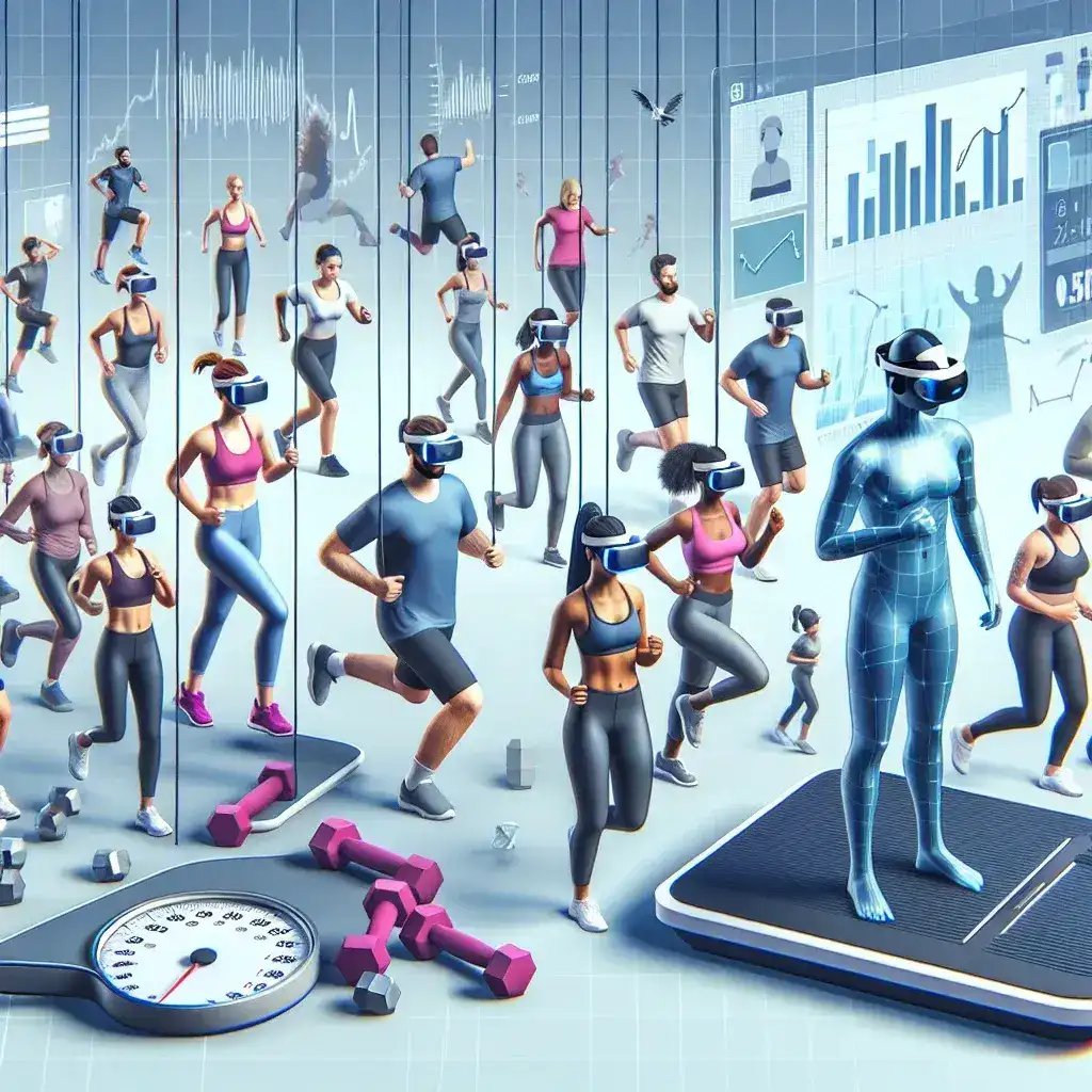 "Person using VR fitness application for weight loss in a clinical study, demonstrating engaging virtual exercise experience and effective results in a modern gym setting."